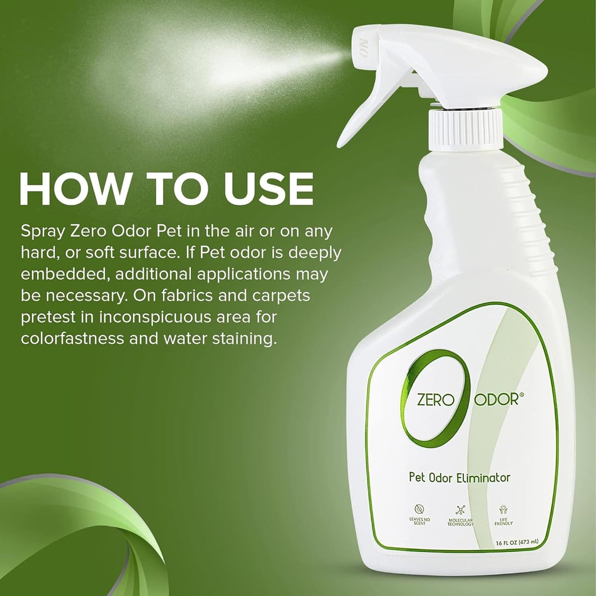 Zero Odor pet odor eliminator bottle close up on brand logo