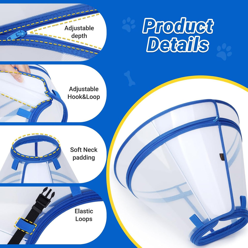 Transparent pet protective collar showing secure hook and loop fasteners
