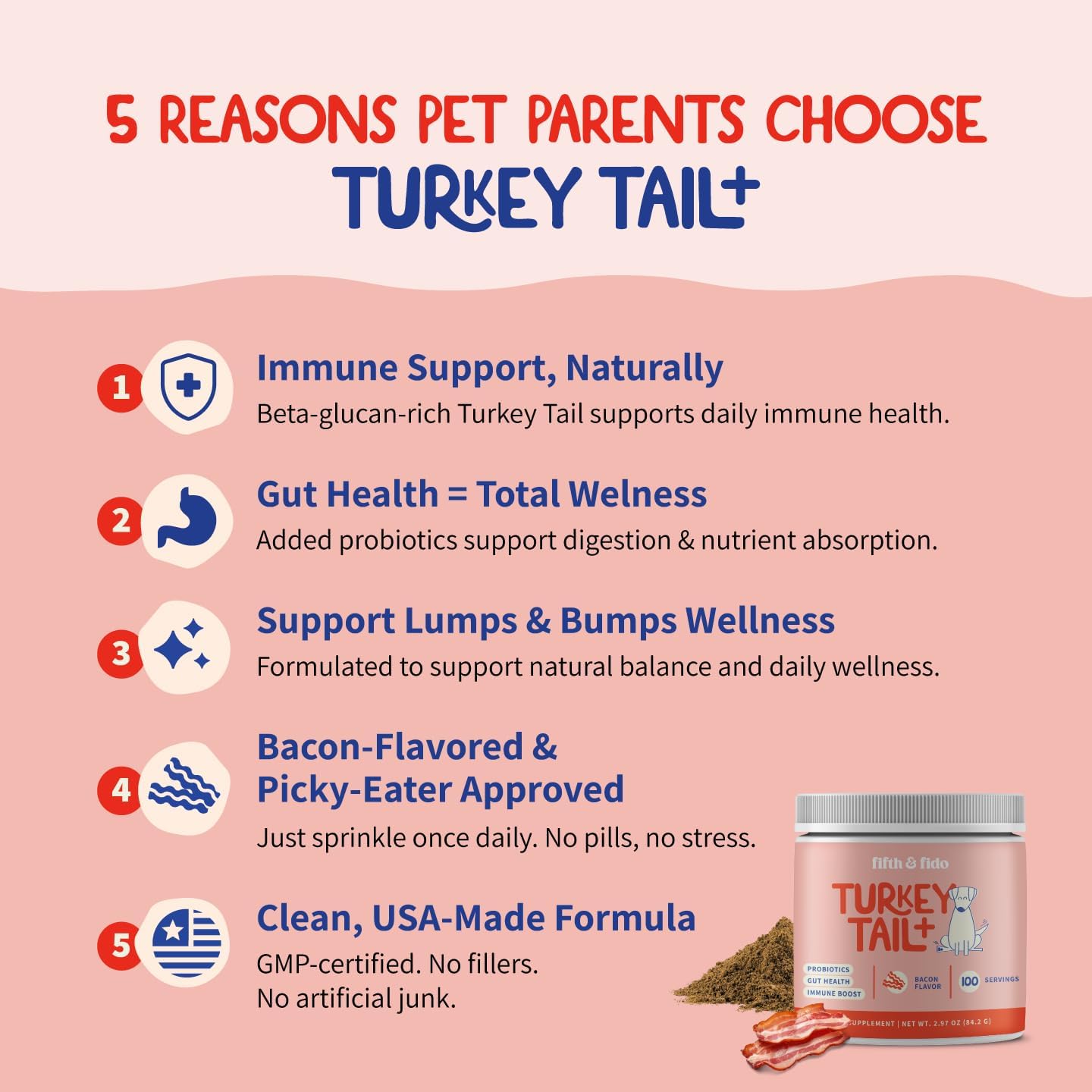 Bacon flavored mushroom supplement for canine lumps and bumps showing product details