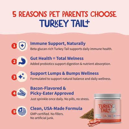 Bacon flavored mushroom supplement for canine lumps and bumps showing product details