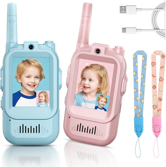 GooMac kids video walkie talkies front view showing blue and pink rechargeable units with live screens