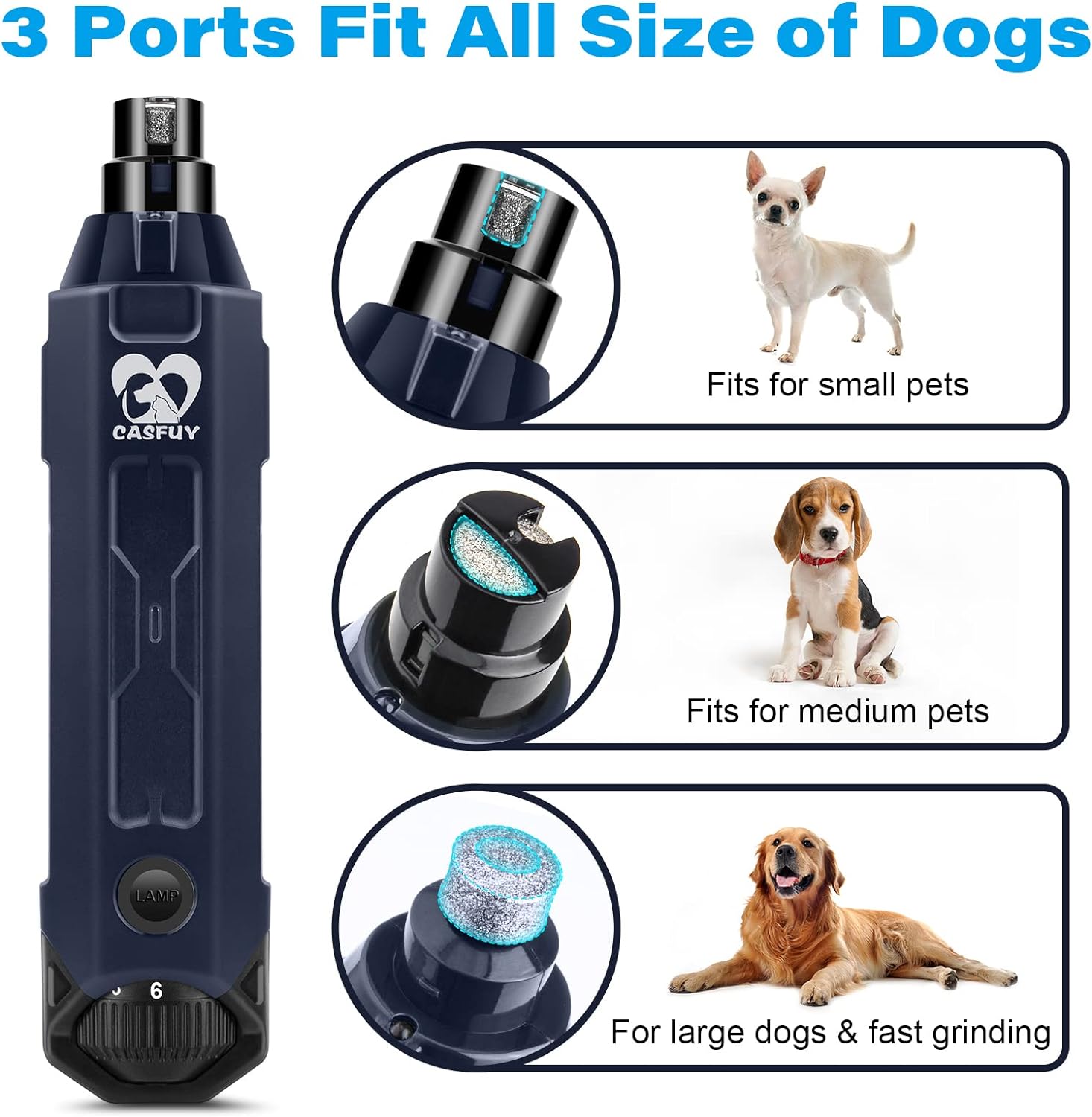Close up of Casfuy grinder ports for different size dog nails
