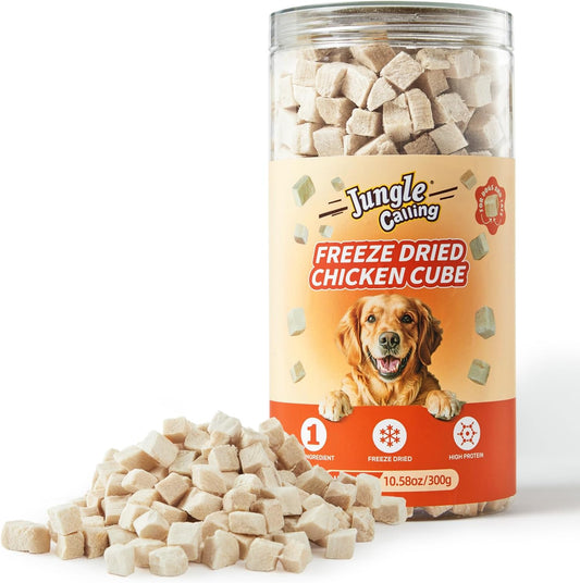 Jungle Calling Freeze Dried Chicken Cat and Dog Treats front view of resealable jar packaging