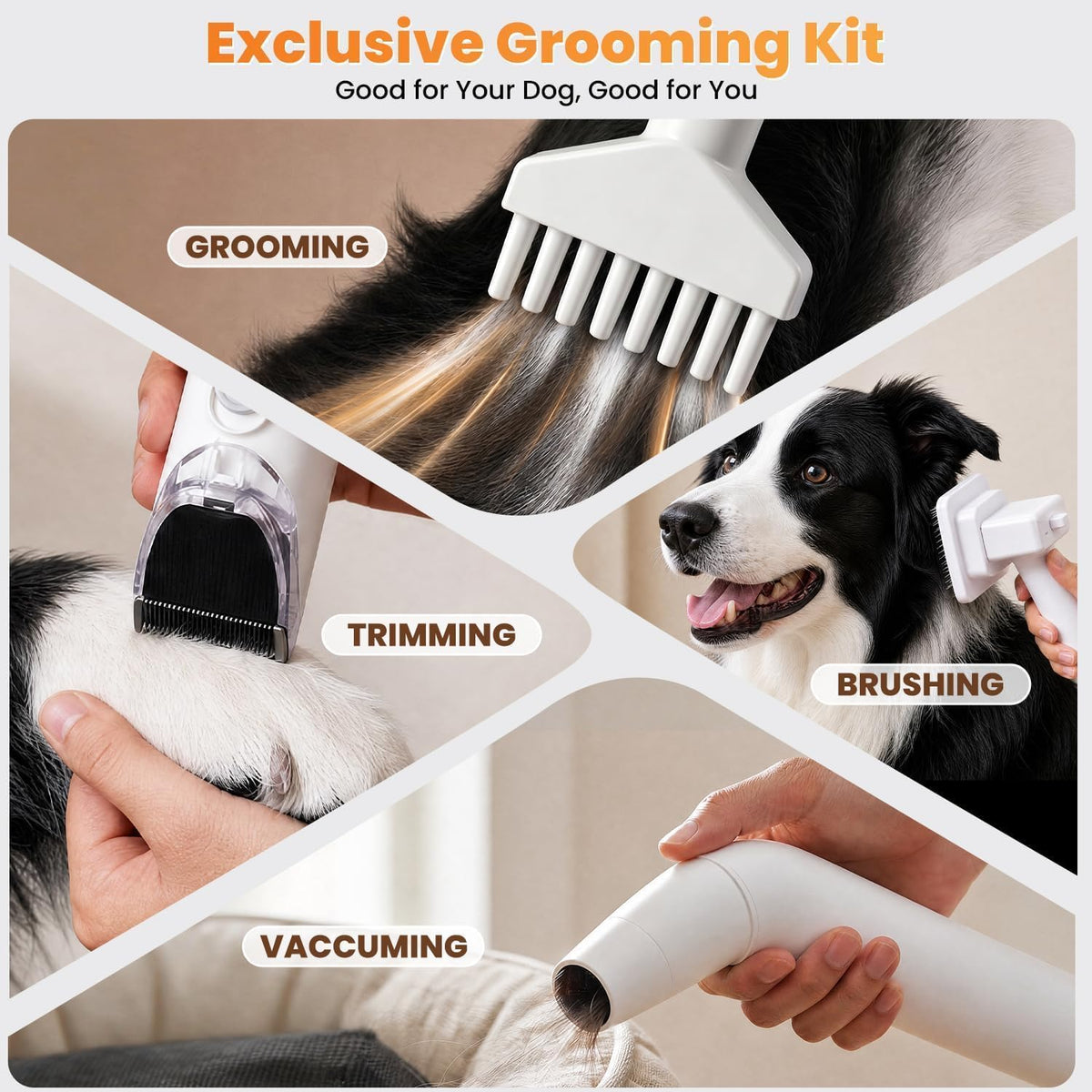 Deshedding brush and slicker tool attachments included in the 8-in-1 dog vacuum grooming kit.