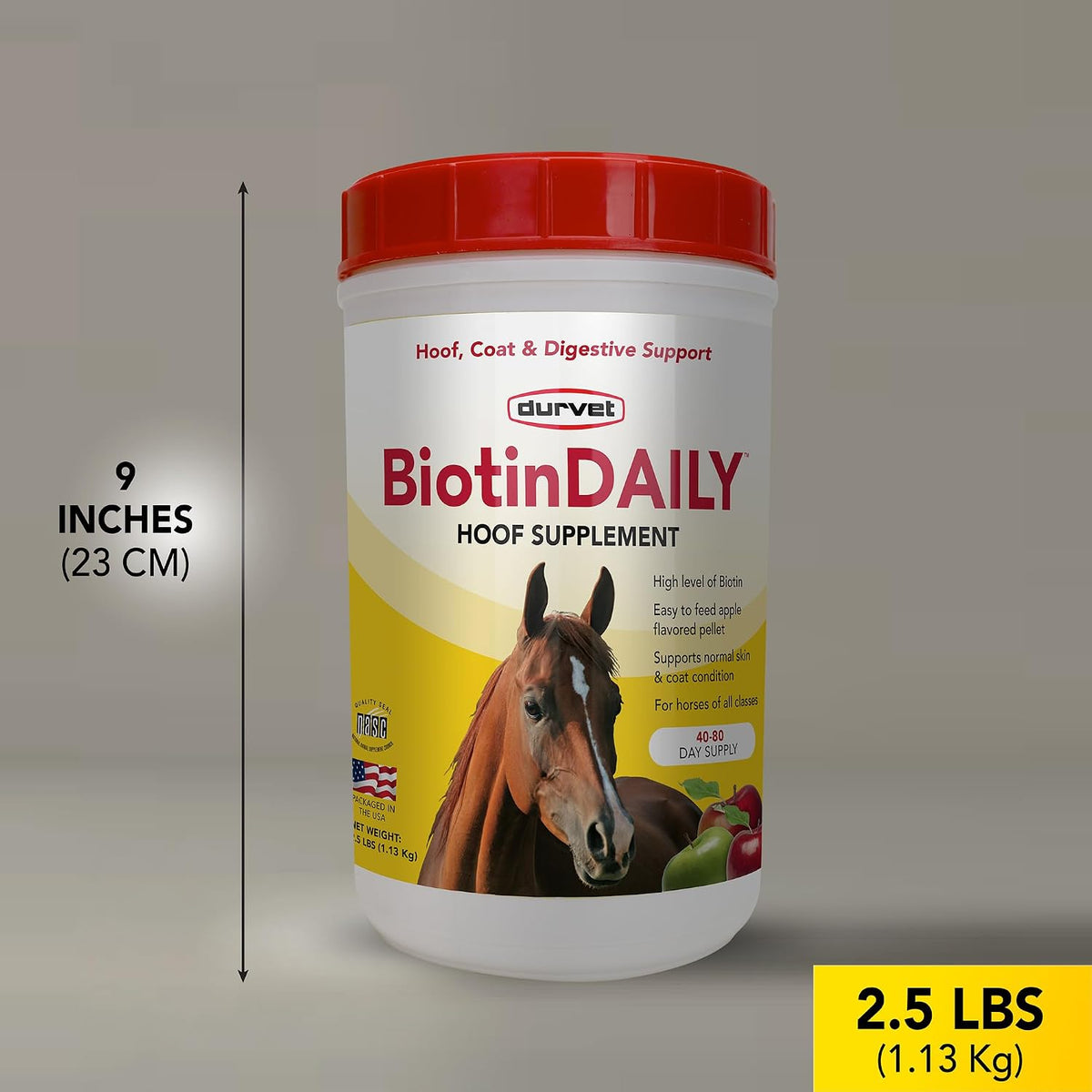 Durvet Biotin Daily horse hoof care supplement jar with scoop