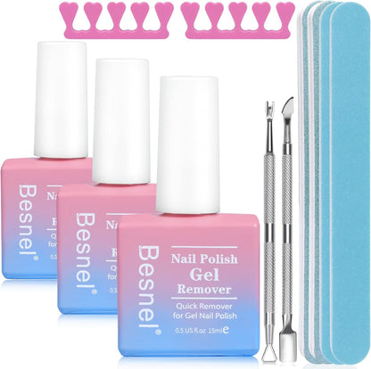 Besnel professional gel nail polish remover three pack front view bottle set