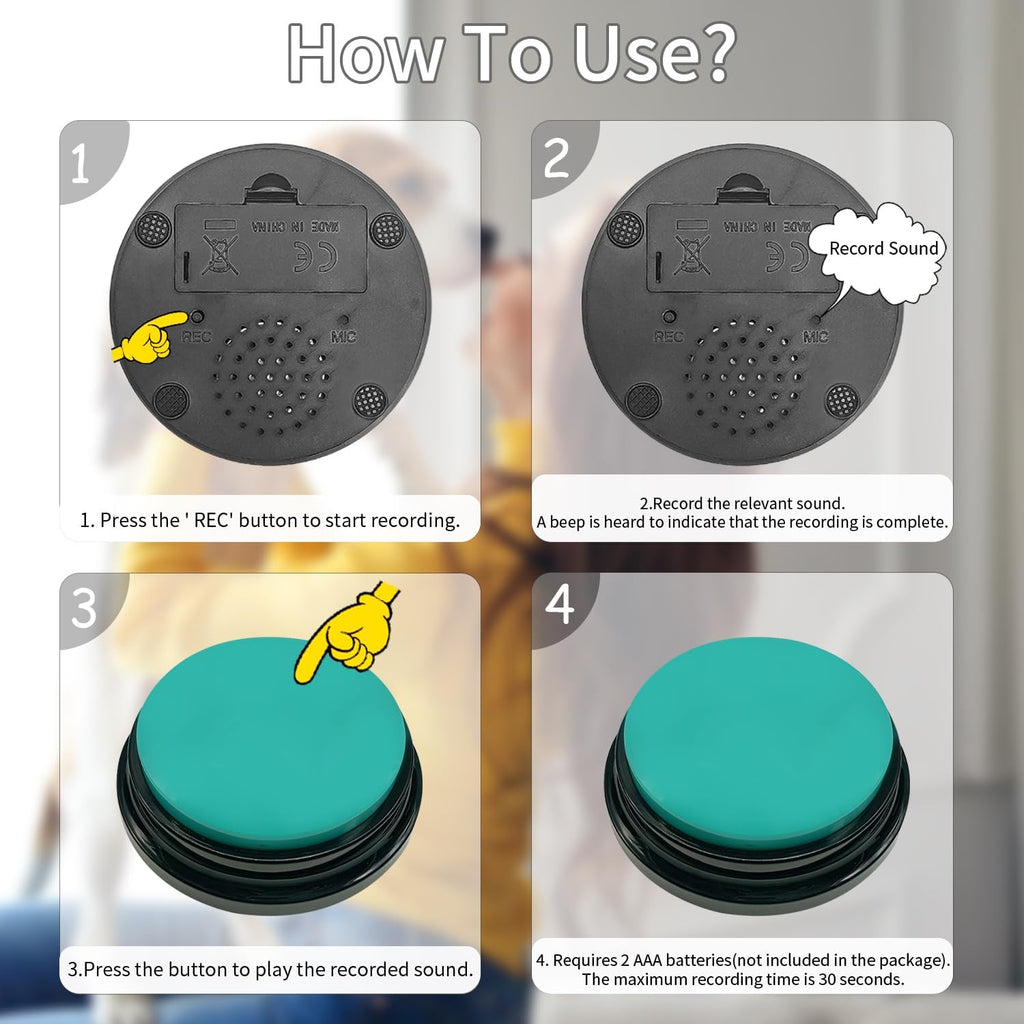 Five recordable pet training buzzers placed securely inside a black non slip rubber base mat.