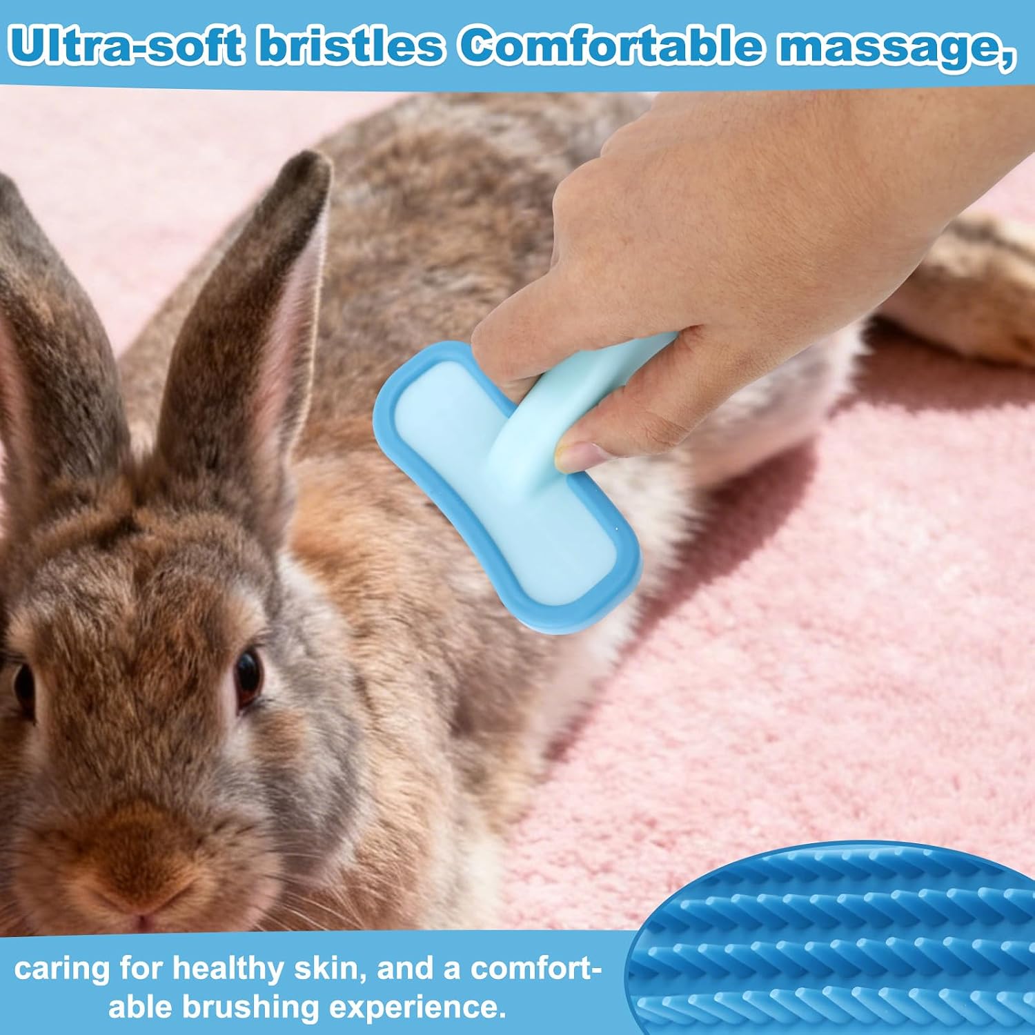 Close up view of the gentle silicone bristles on the Fukaisu blue small pet brush.