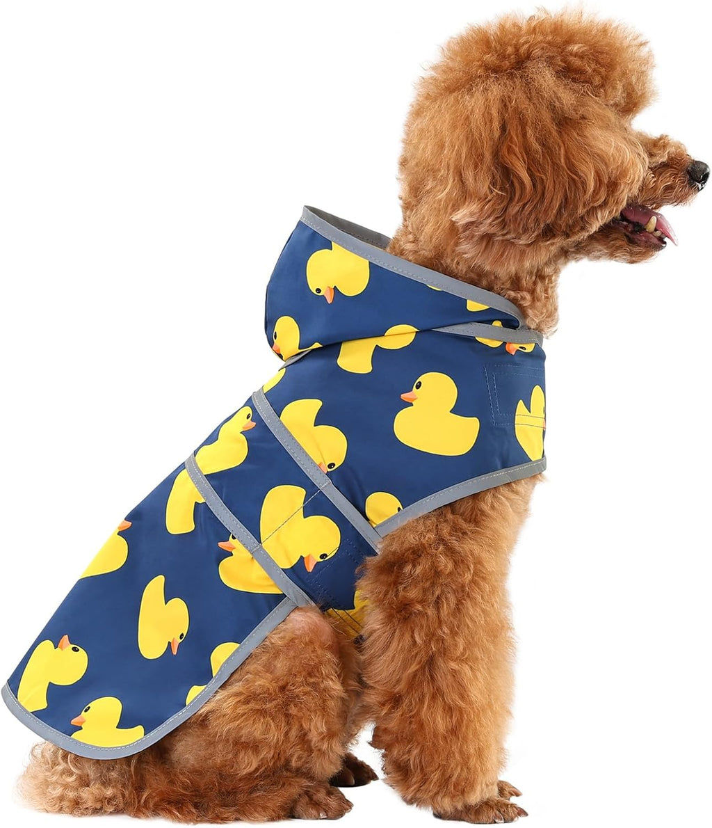 Happiere Dog Raincoat front view featuring a yellow rubber duck pattern on a blue waterproof jacket.
