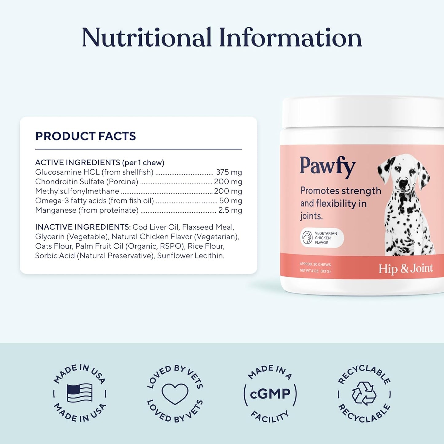 Pawfy vegetarian chicken flavored joint support chews for senior dogs