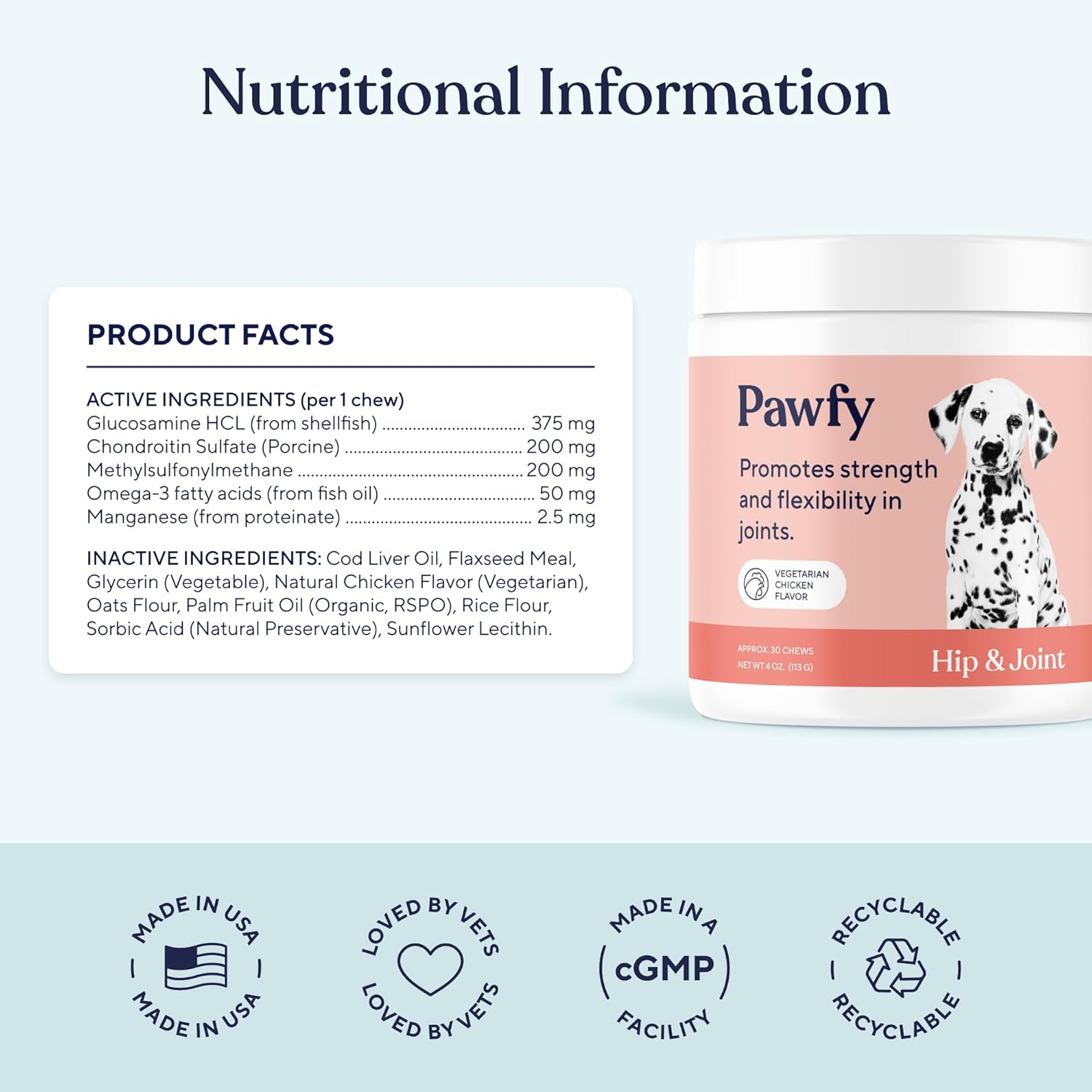 Pawfy vegetarian chicken flavored joint support chews for senior dogs