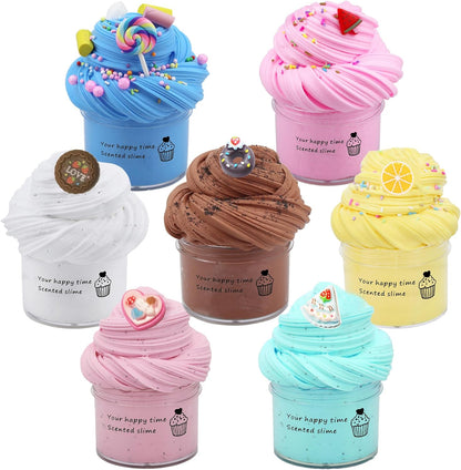 ZONEWAY 7 Pack Cake Butter Slime Kits front view displaying seven colorful jars with charms.