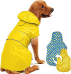 Kimee Dog Raincoat Reversible front view on a large dog showing the yellow waterproof hood.