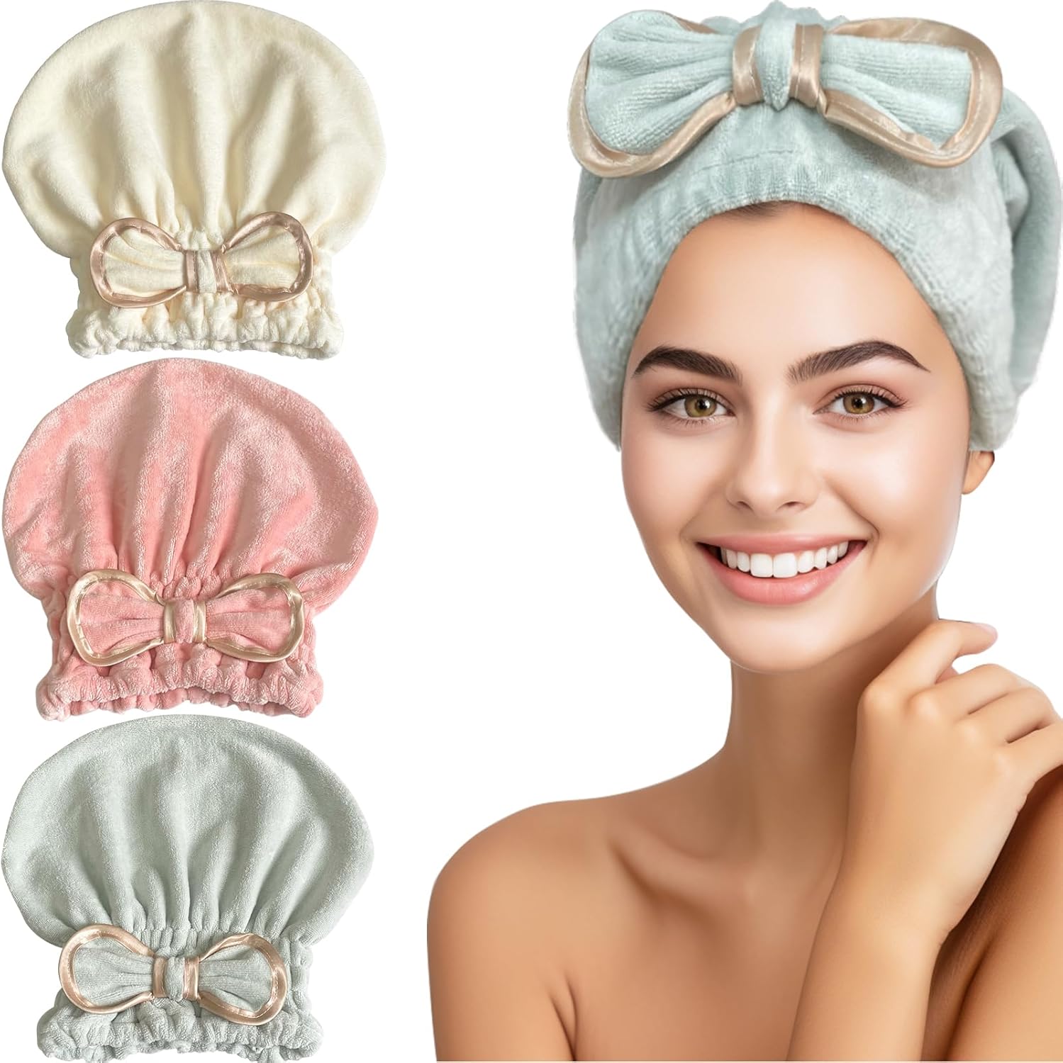 Jseng microfiber hair towel cap front view with bowtie