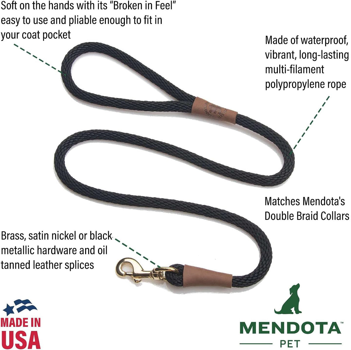 Close up of solid brass snap hook and oil-tanned leather splice.