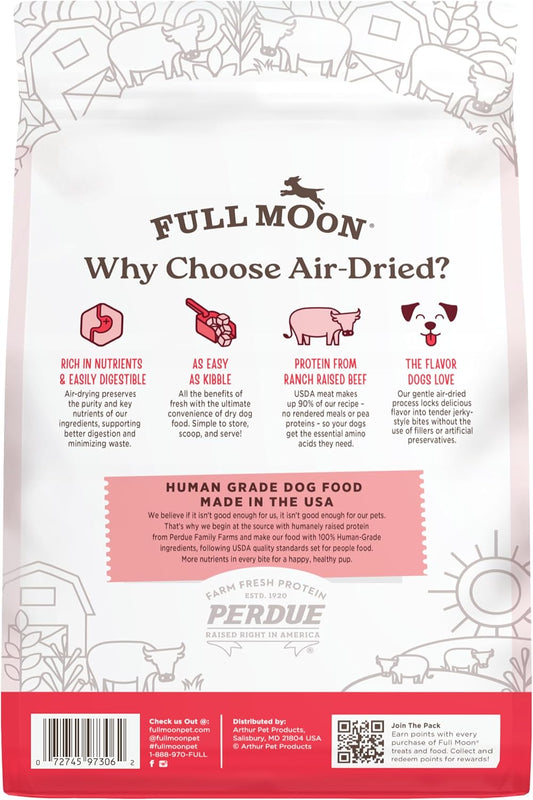Full Moon air dried beef premium human grade dog food bag displaying nutritional highlights.
