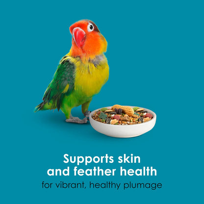 Detailed image of Kaytee bird food ingredients including flaxseed and blueberries.