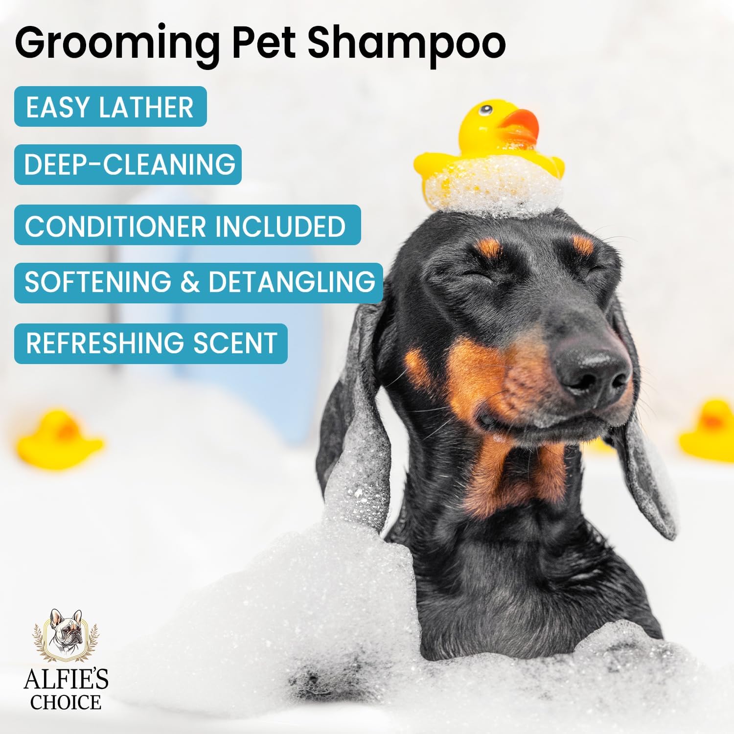 Alfie's Choice nourishing dog conditioner bottle showing biotin and vitamin E benefits.