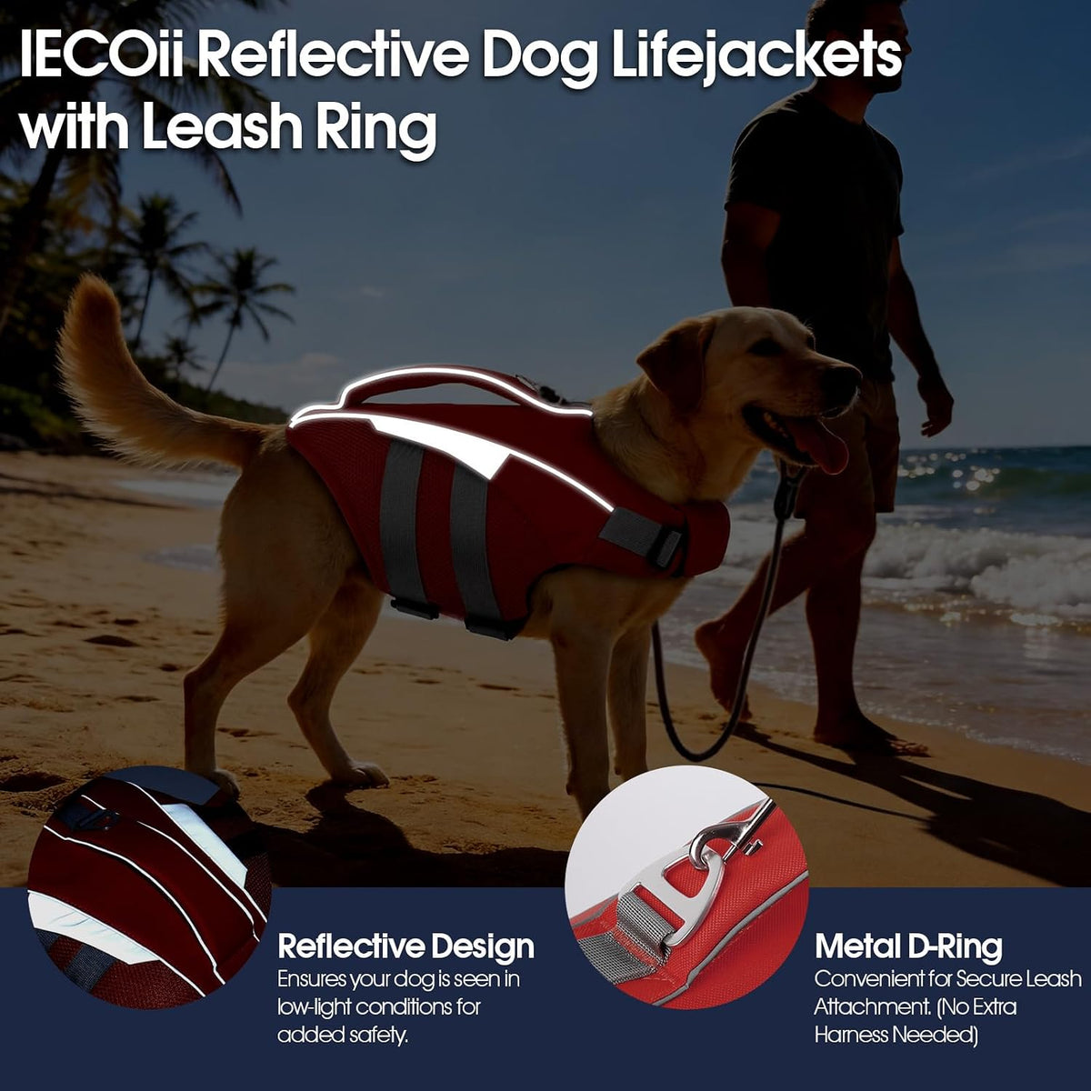 IECOii pet safety vest side profile highlighting the high buoyancy padding and adjustable belly straps.