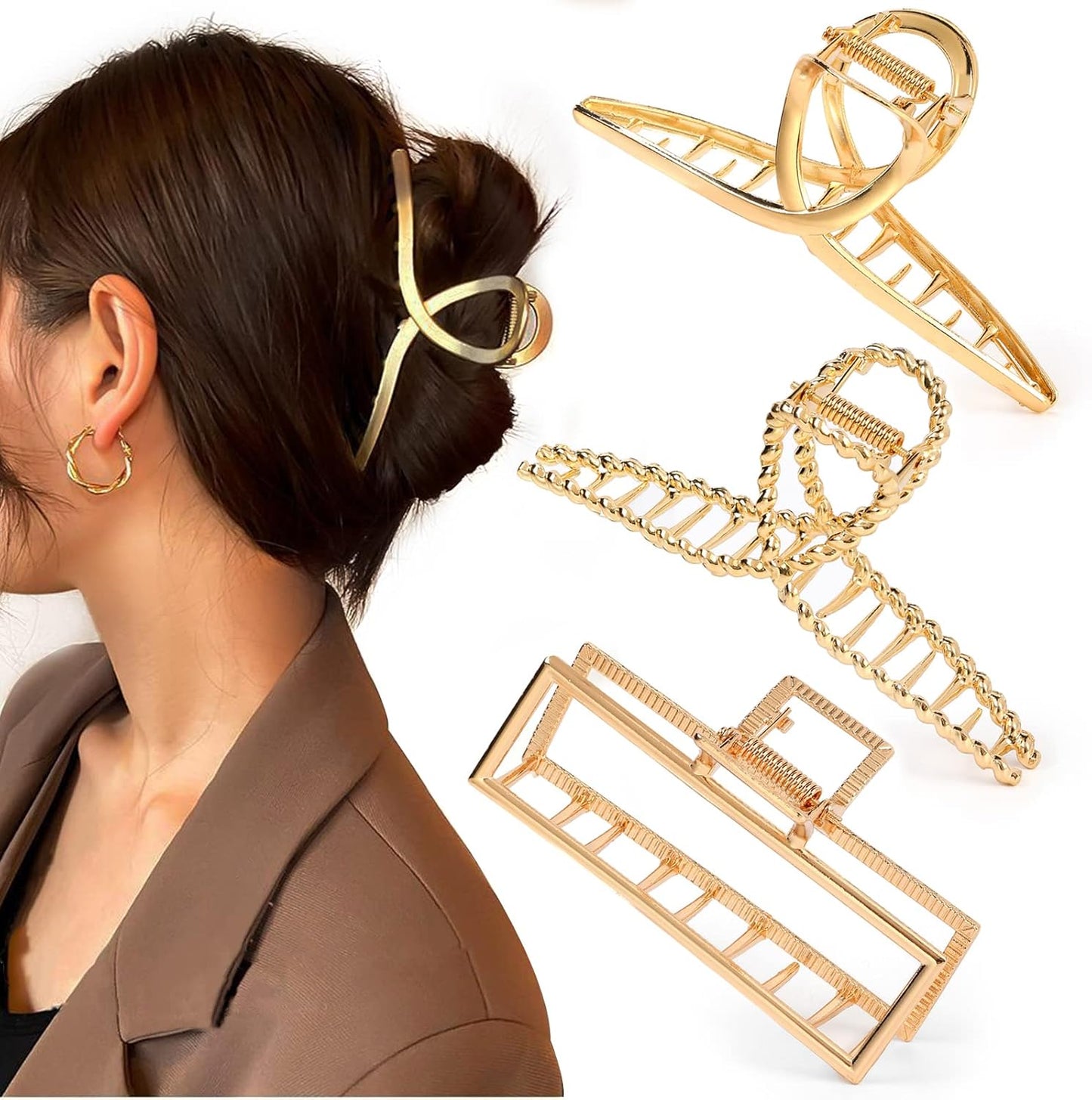 Mehayi metal large claw clips front view showcasing the three piece black white and brown set