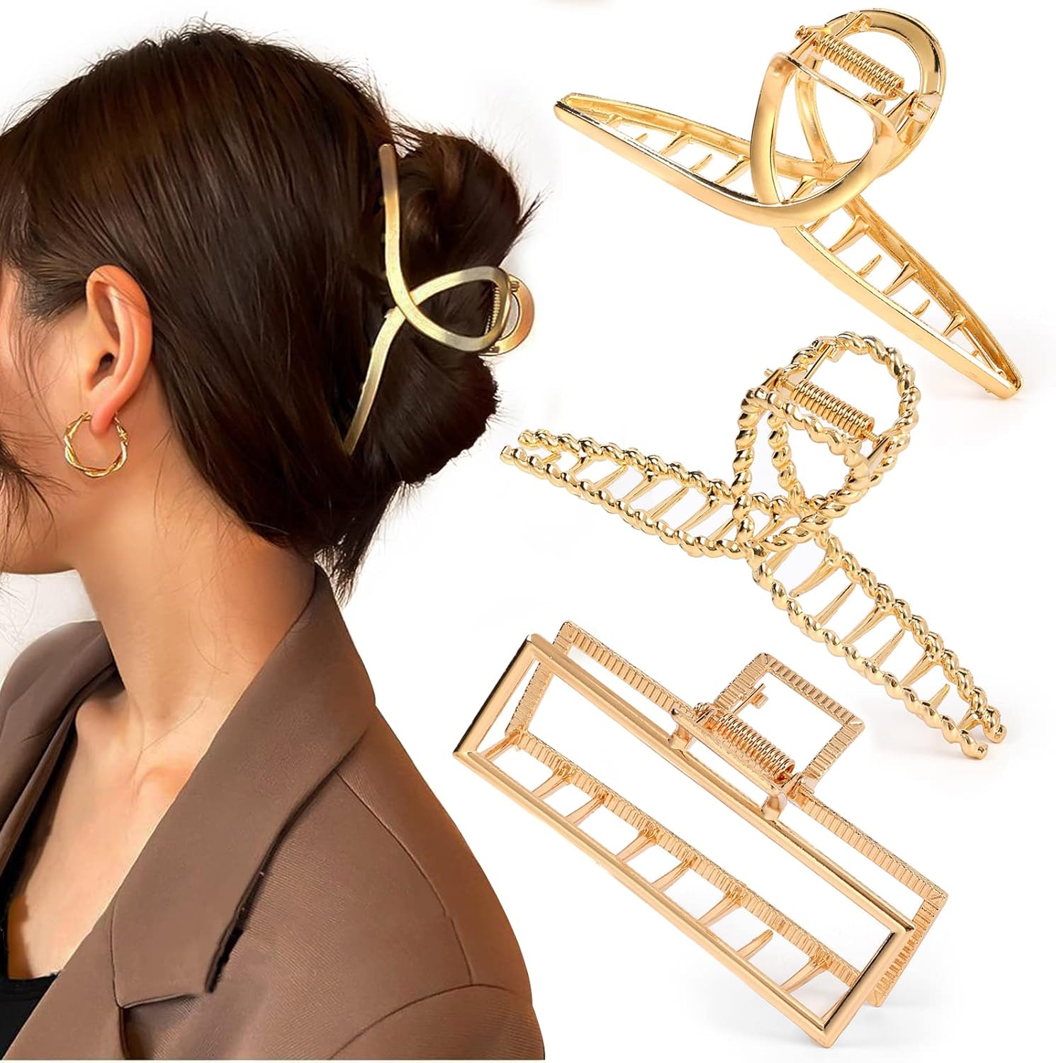 Mehayi metal large claw clips front view showcasing the three piece black white and brown set