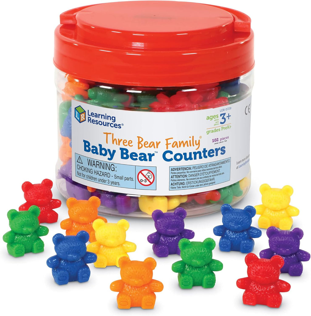 Learning Resources Baby Bear Counters front view of storage bucket with colorful toy bears