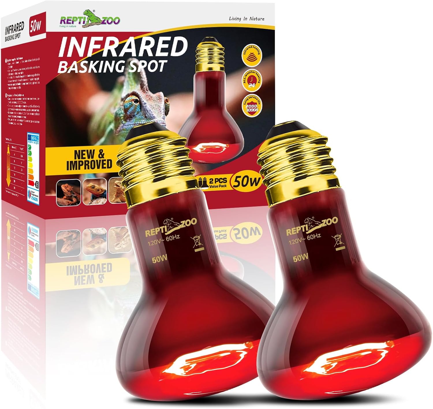 REPTI ZOO Reptile Fifty Watt Infrared Heat Lamp Bulb front view of the two pack packaging