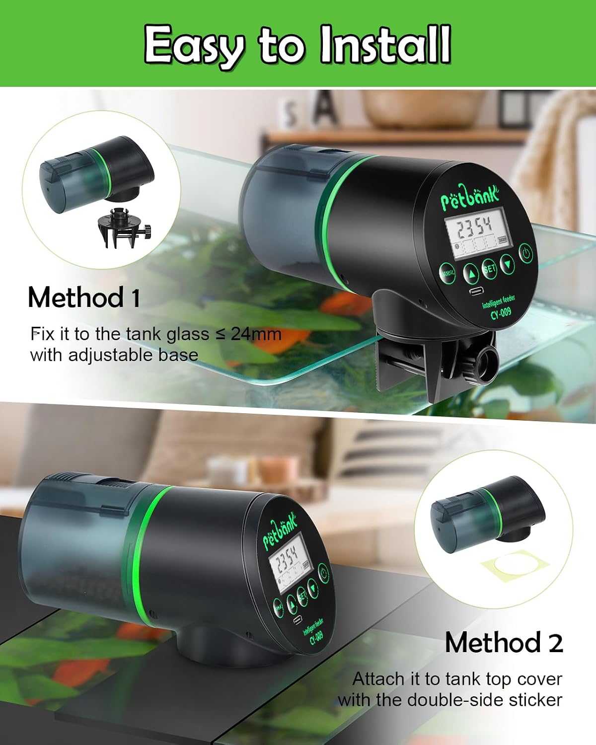 Type-C USB charging cable plugged into petbank automatic aquarium feeder