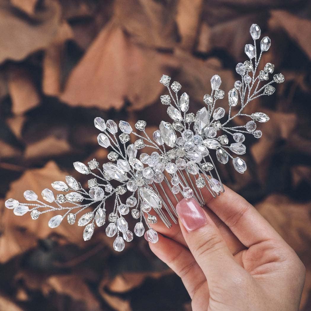 Unicra Silver Bride Wedding Hair Comb front view showcasing intricate rhinestone detailing.