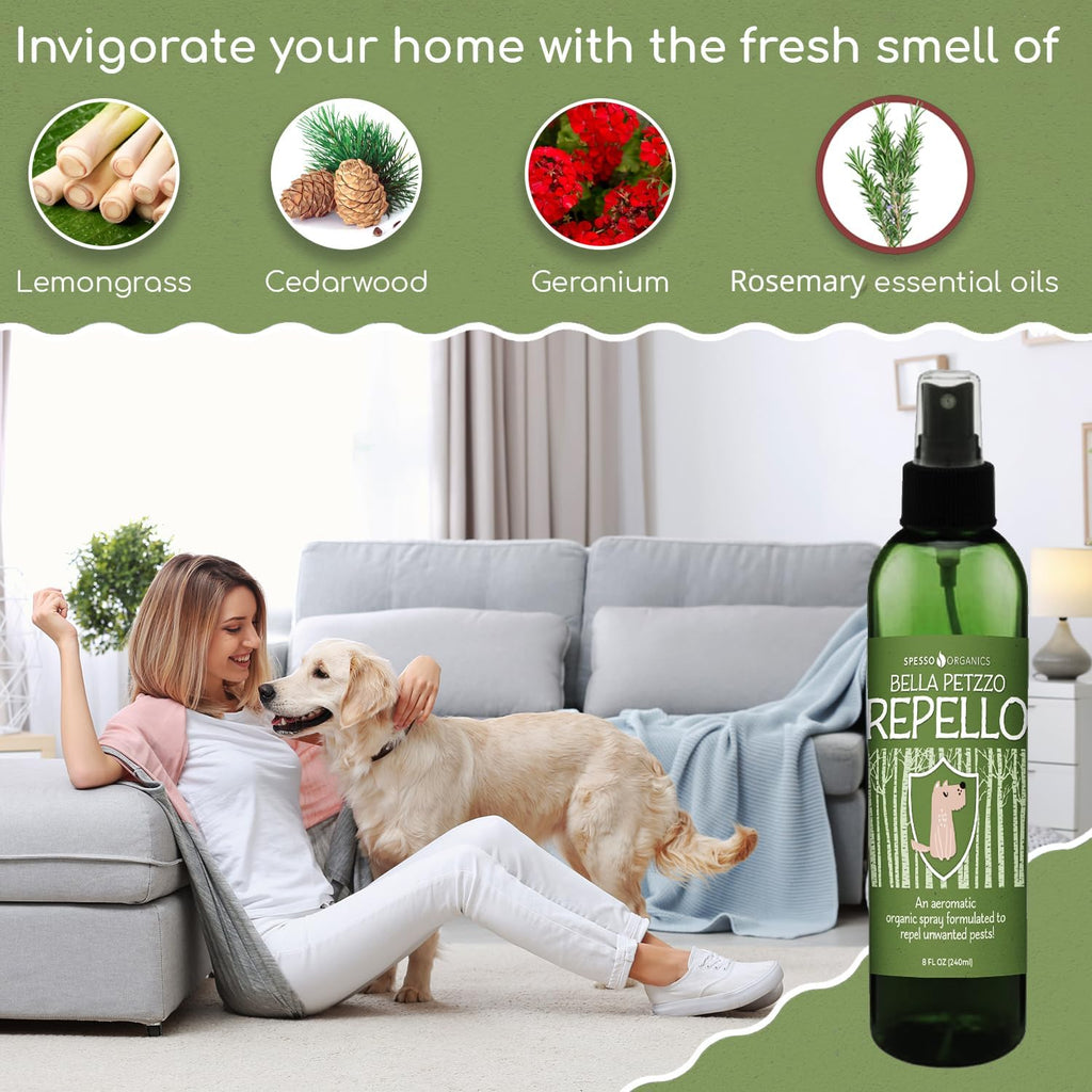 Back view of Spesso Organics flea and tick spray with ingredient information