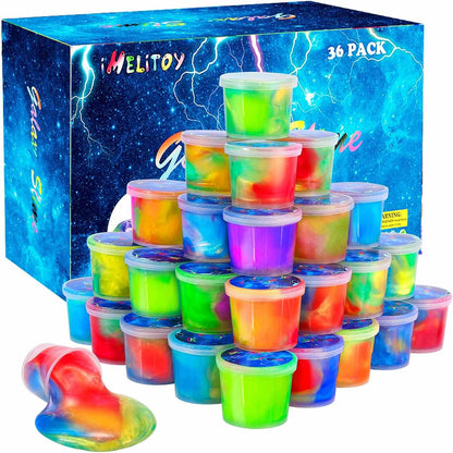 iMelitoy Galaxy Slime Kit front view showcasing thirty six colorful mini containers