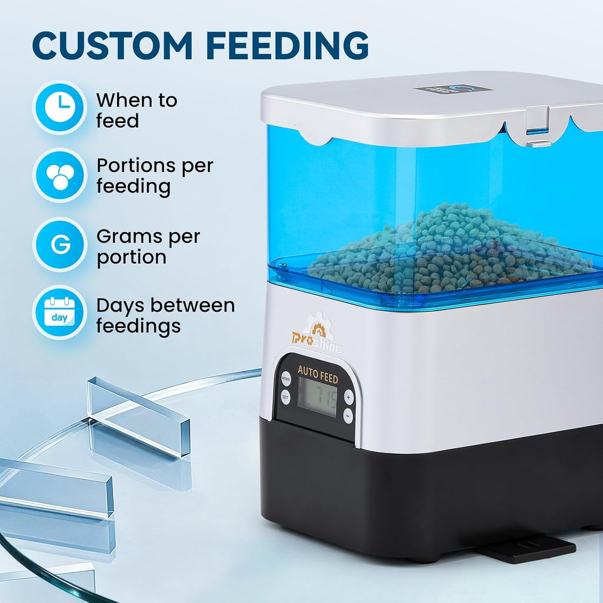 Proshine solar powered pond feeder installed outdoors next to a koi pond.