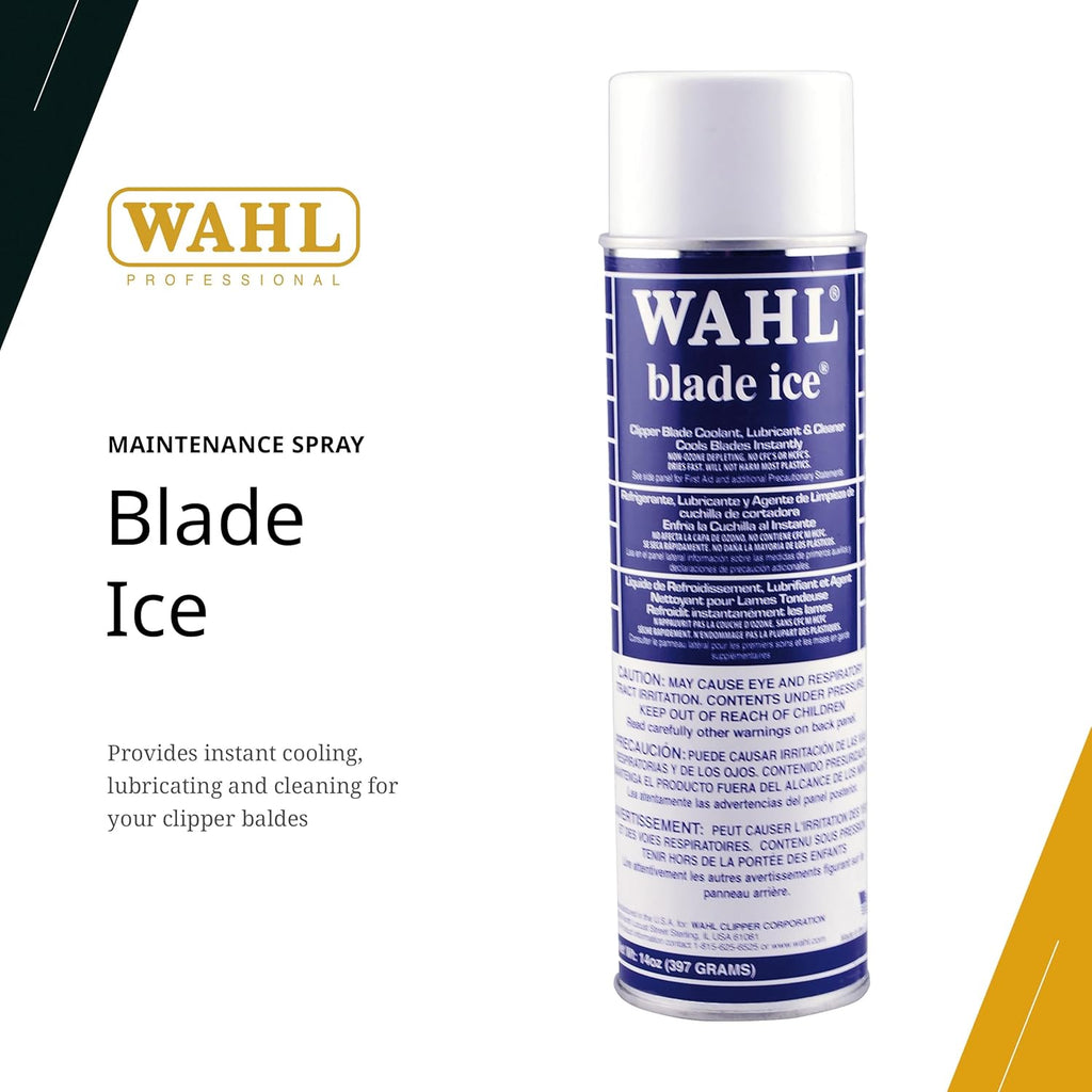 Wahl Blade Ice professional clipper coolant and lubricant spray being applied to trimmer blades.