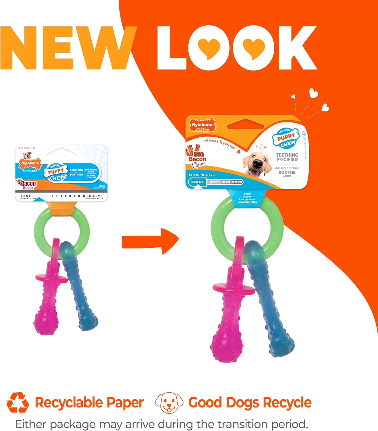 Bacon flavored puppy chew pacifier toy packaging view for small dogs