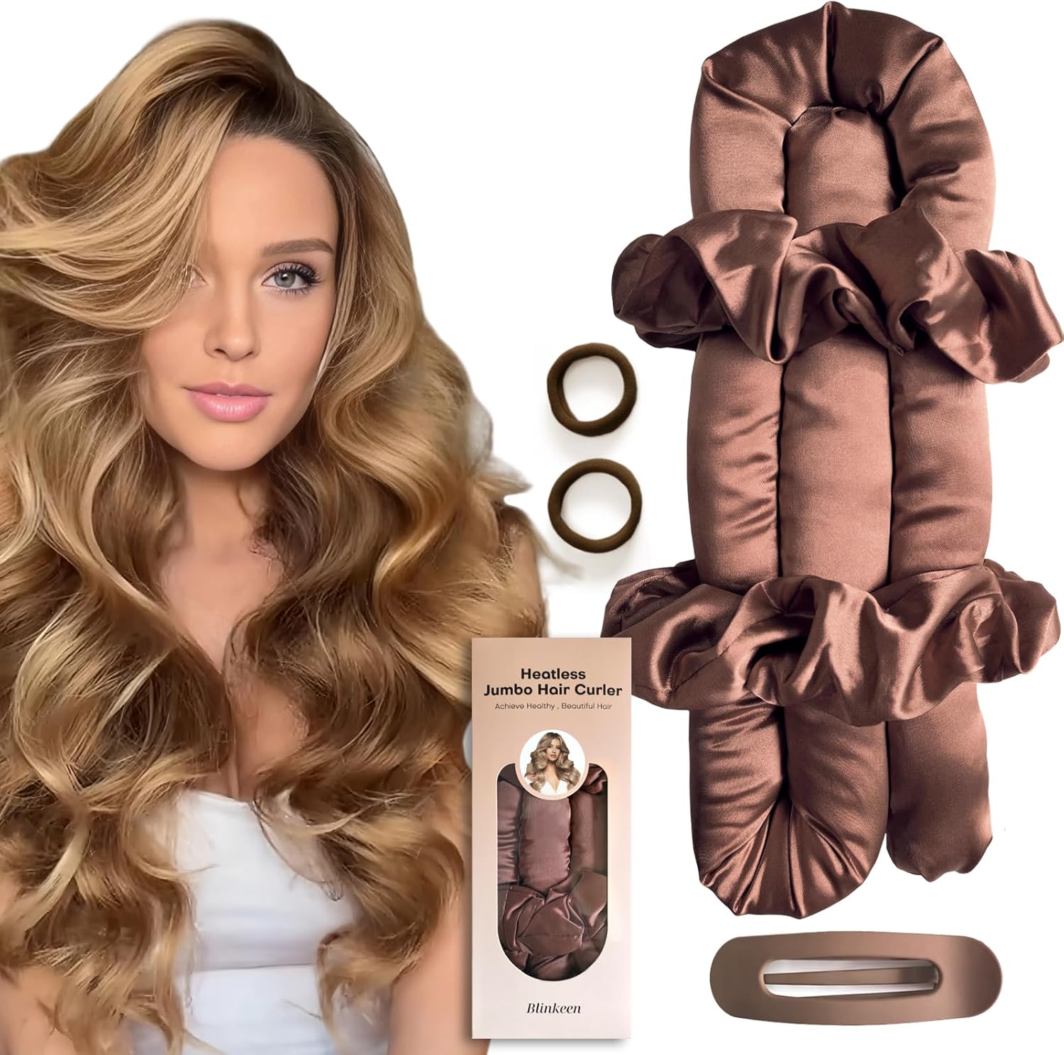 VivaSmile Jumbo Heatless Hair Curler Set front view showcasing the brown satin curling rod and matching scrunchies.