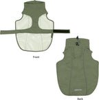 MAMORE lightweight pet rain jacket in army green showing the adjustable belly Velcro strap.