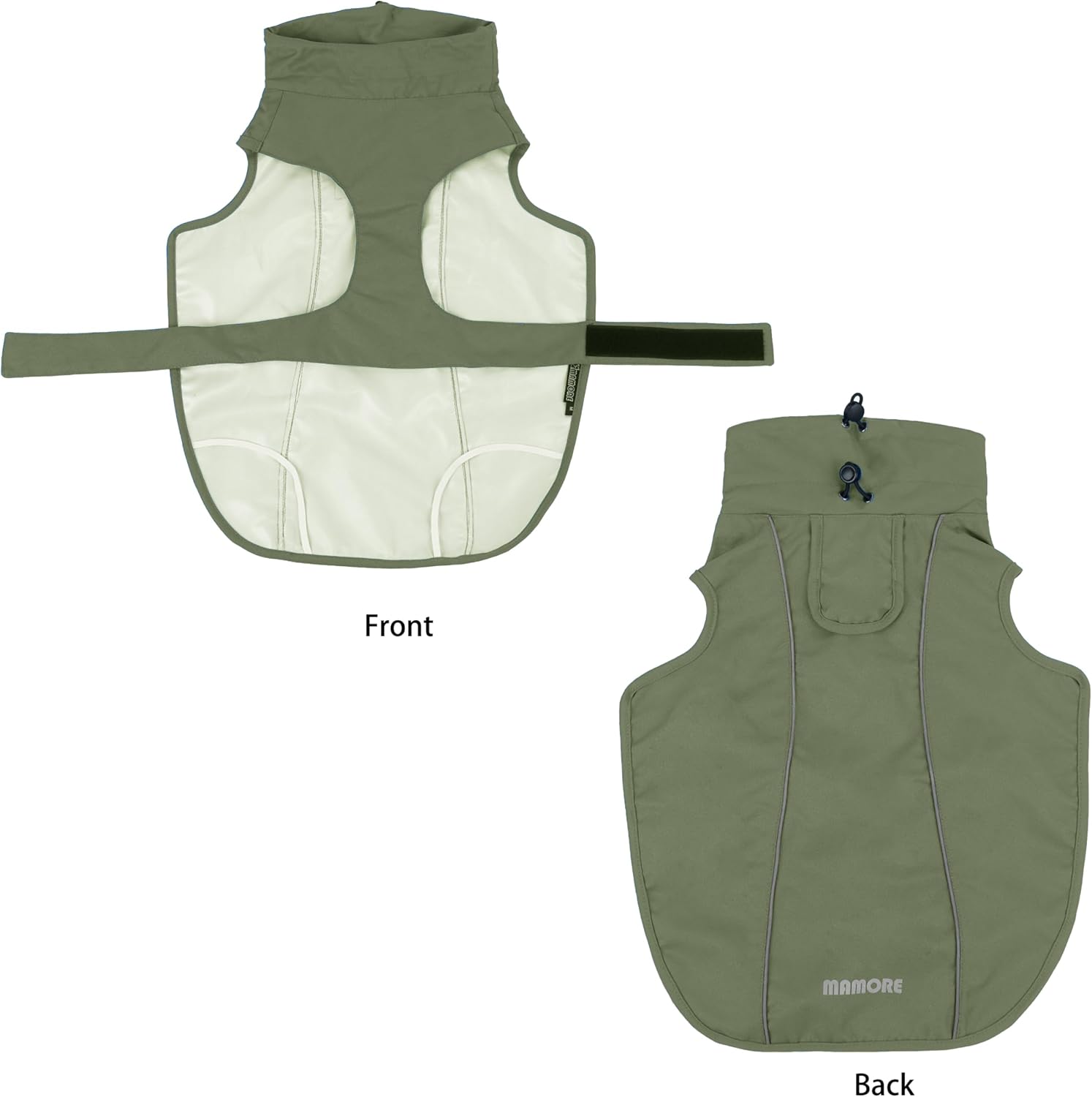 MAMORE lightweight pet rain jacket in army green showing the adjustable belly Velcro strap.