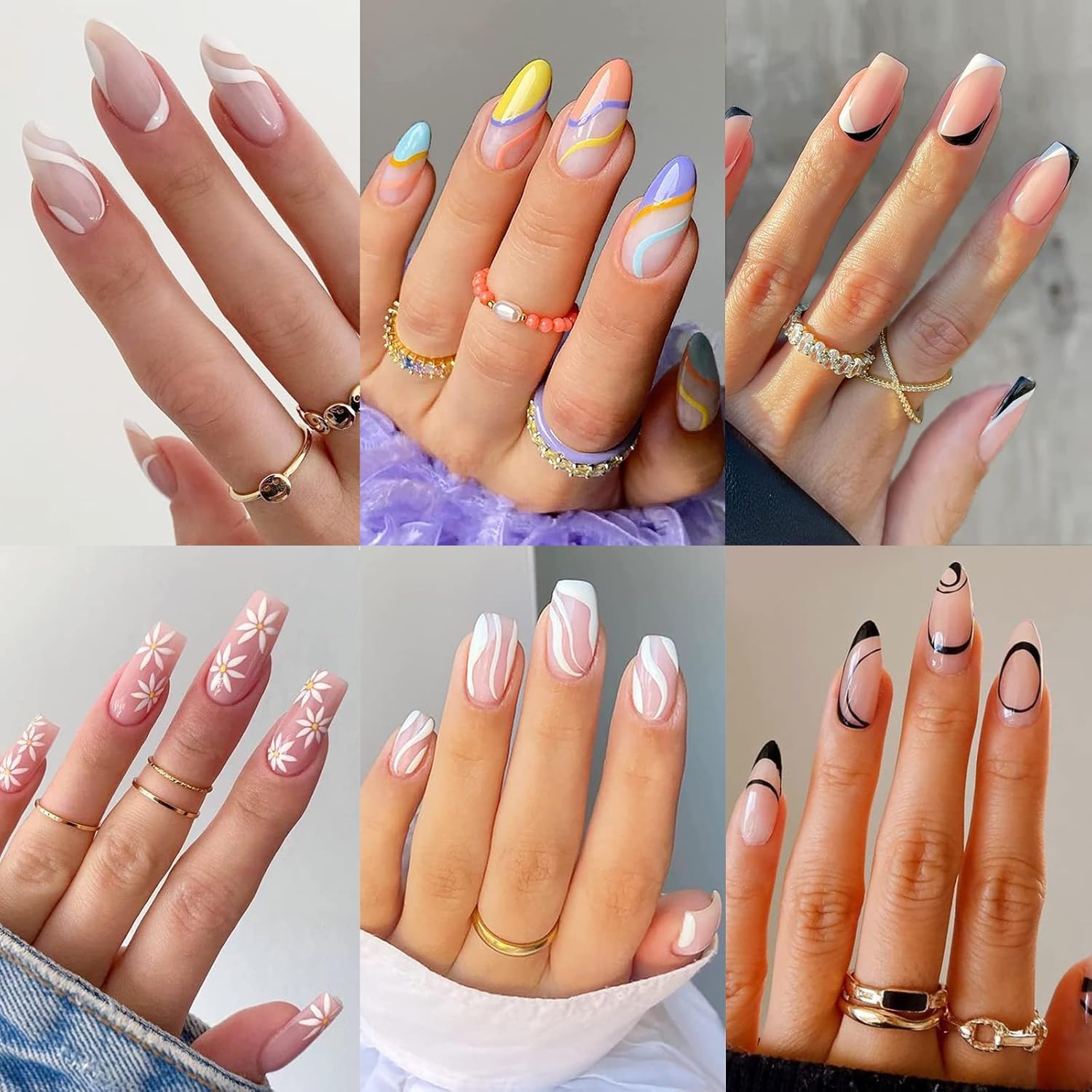 Dormitorry Misssix press on nails front view showing almond and square shapes