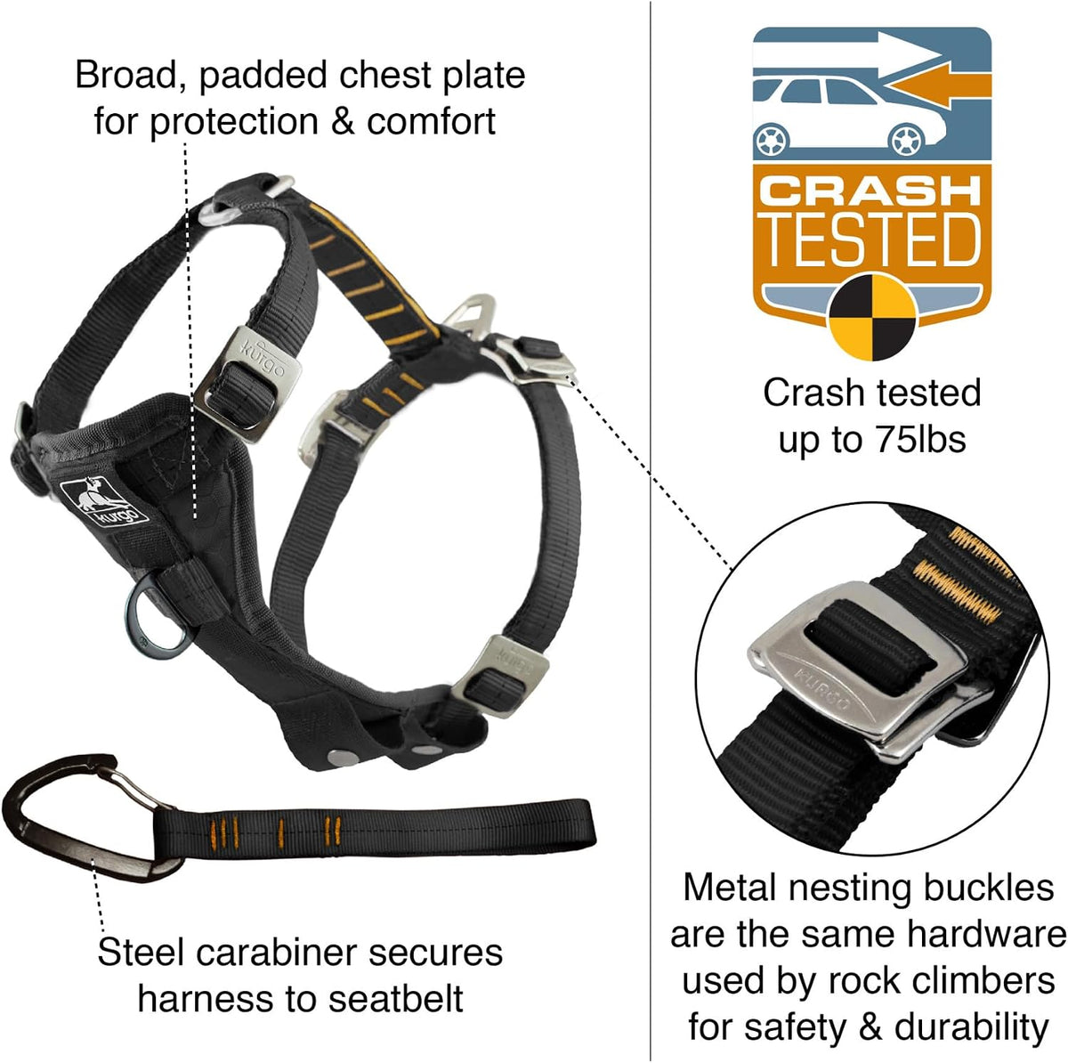 Kurgo dog harness showing steel nesting buckles and padding