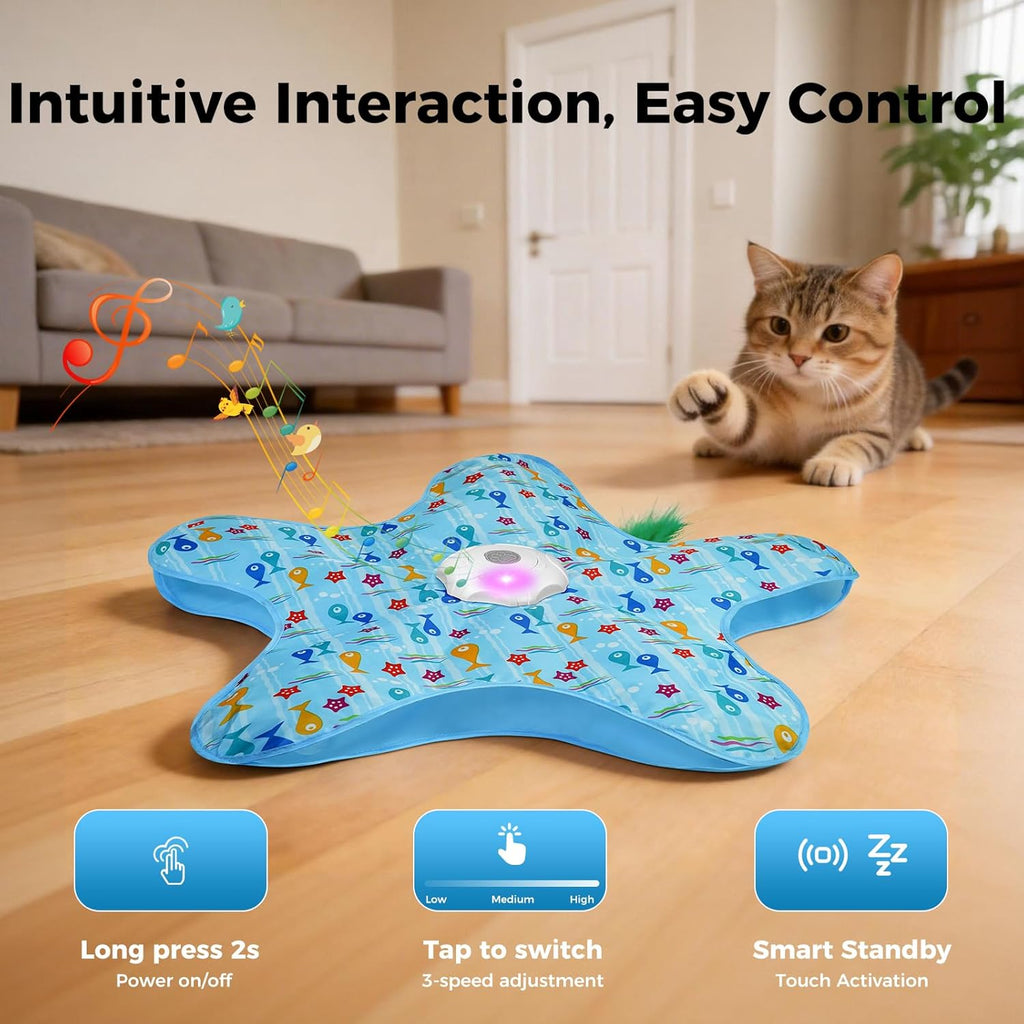 Rechargeable automatic kitten toy displaying the USB-C charging port and power button interface