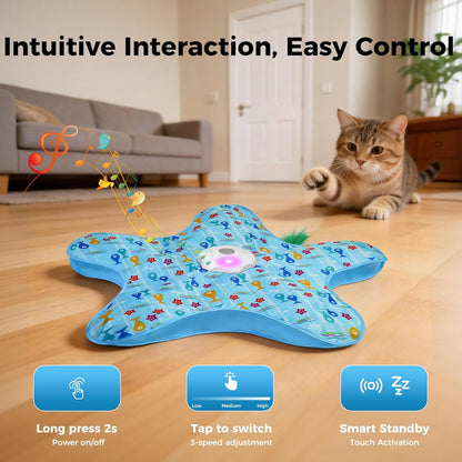 Rechargeable automatic kitten toy displaying the USB-C charging port and power button interface