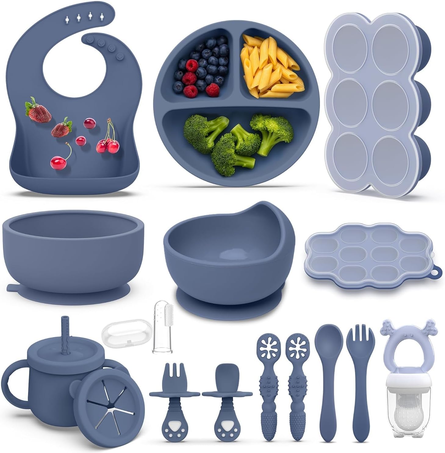 Hepotk 16 piece silicone baby feeding set in blue front view