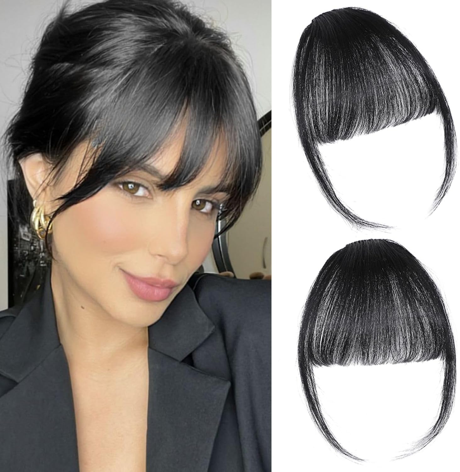 ELEFOCUS clip in bangs human hair extensions natural black front view