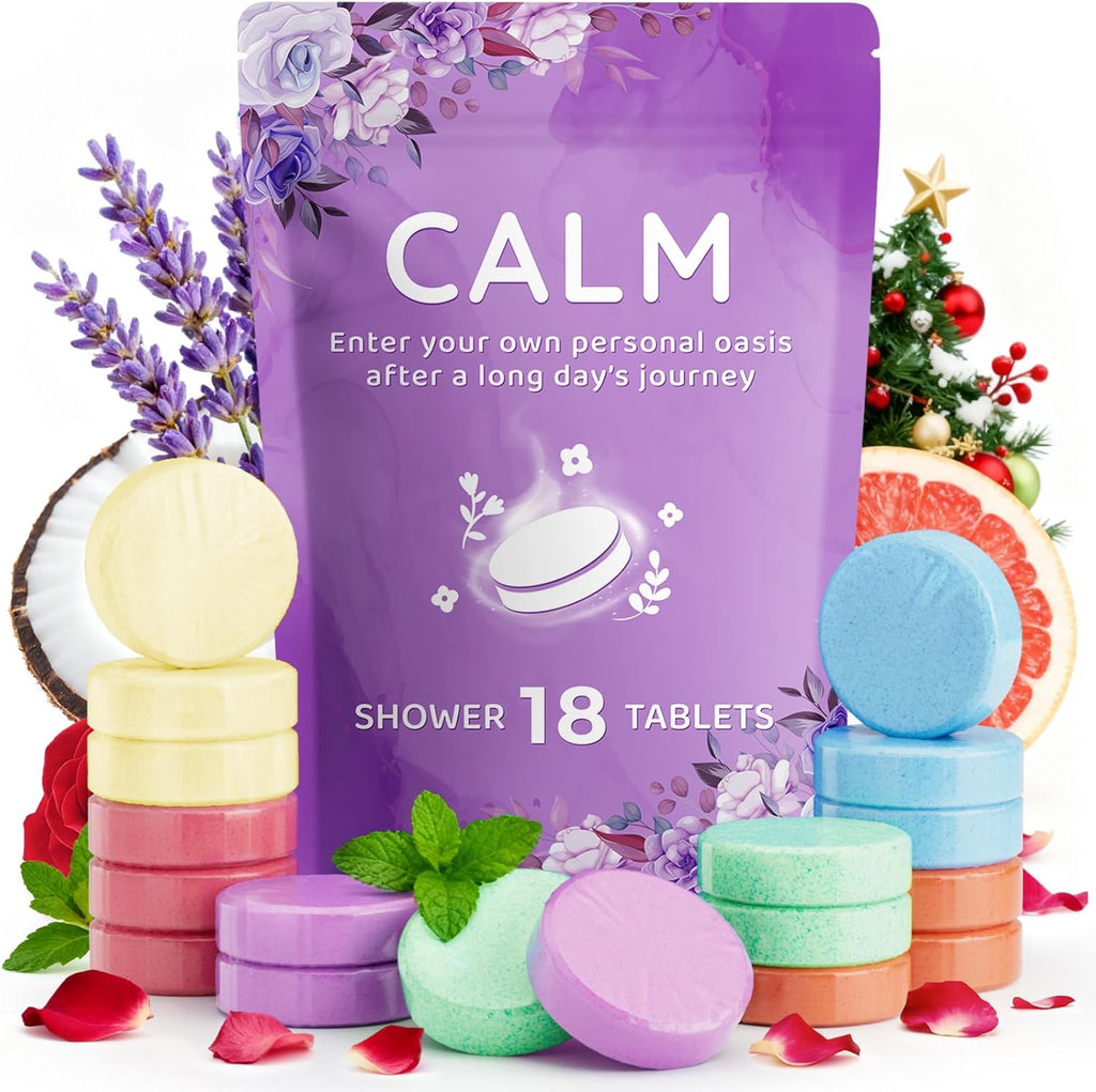 DeckTheHalls aromatherapy shower steamers front view of purple pouch and pastel tablets