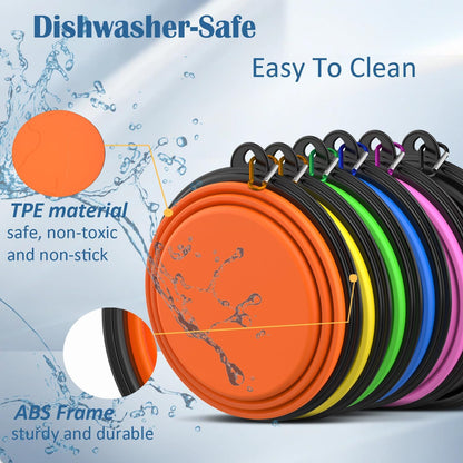 Takfox foldable pet feeding dishes attached to a travel backpack