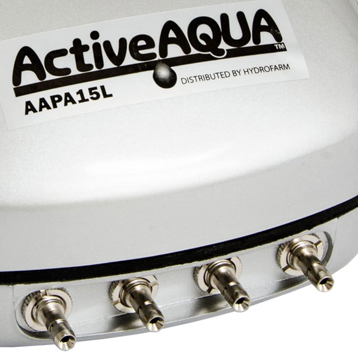Active Aqua air pump front view showing silver and grey housing and four outlets.
