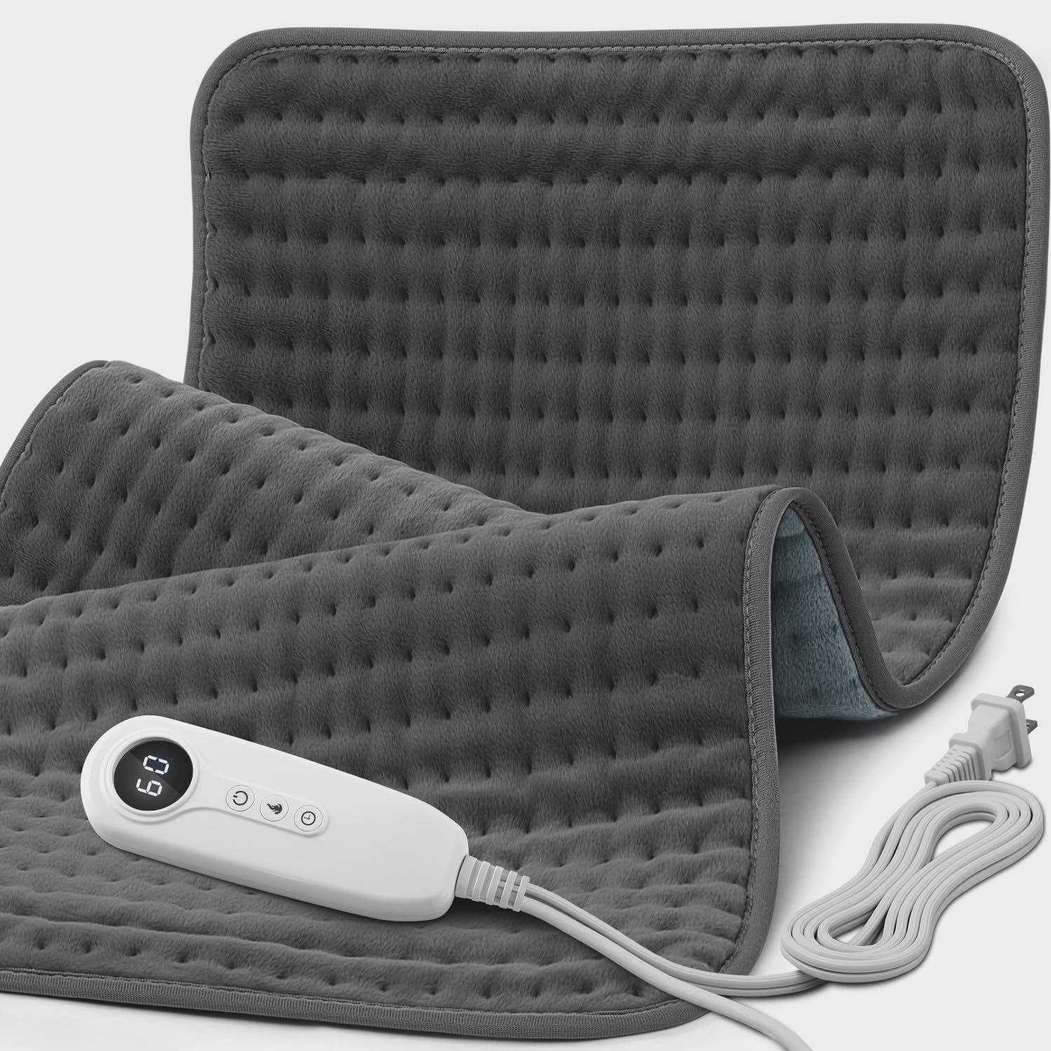 Luwanda XXXL electric heating pad front view showing dark grey plush flannel fabric and digital LED controller