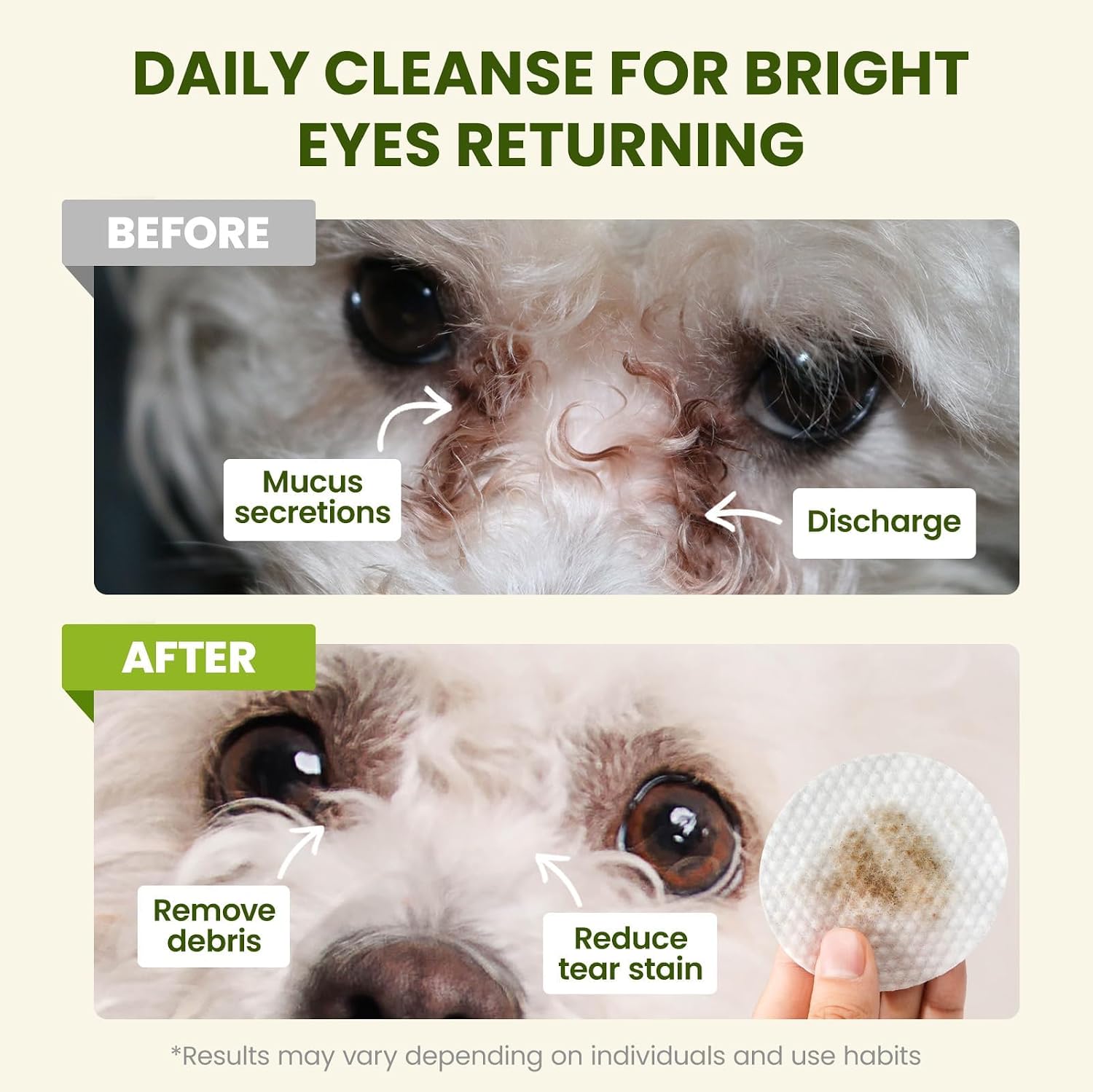 Hypoallergenic dog eye wipes cleaner container with natural plant-based ingredients listed