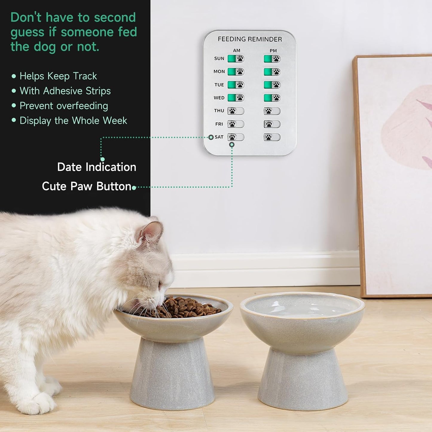 Silver pet food tracker sign board mounted on a white refrigerator