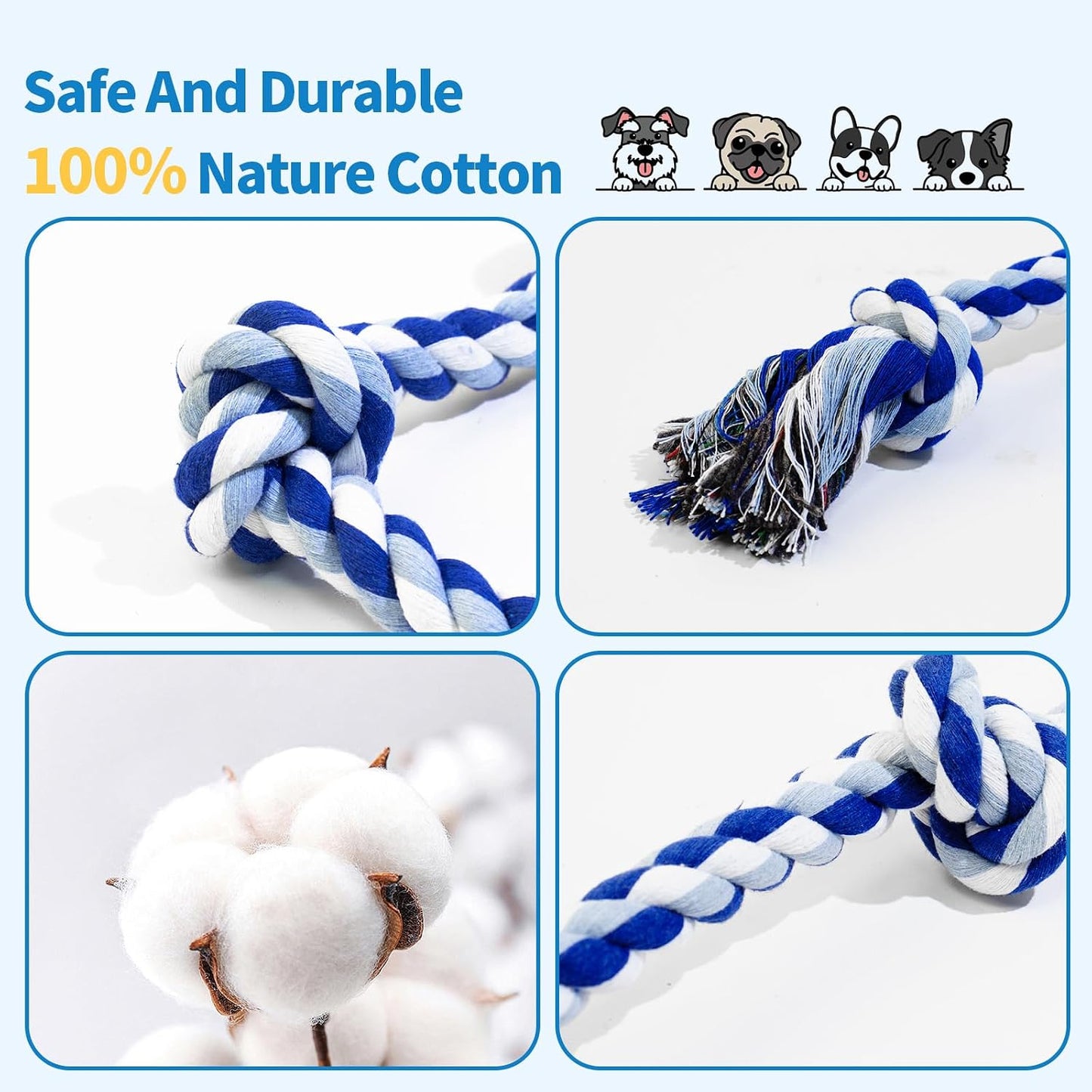 Close-up of the tightly woven natural cotton fiber knots on the premium WDZZHOT dog chew toy.
